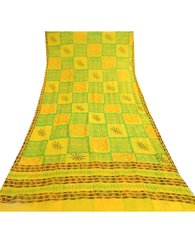 Sanskriti Vintage Lemon Green Pure Chiffon Silk Sarees Printed Sari Craft Fabric, PRG-10696-Lemon Green-Printed Floral Design-Pure Chiffon Silk-8