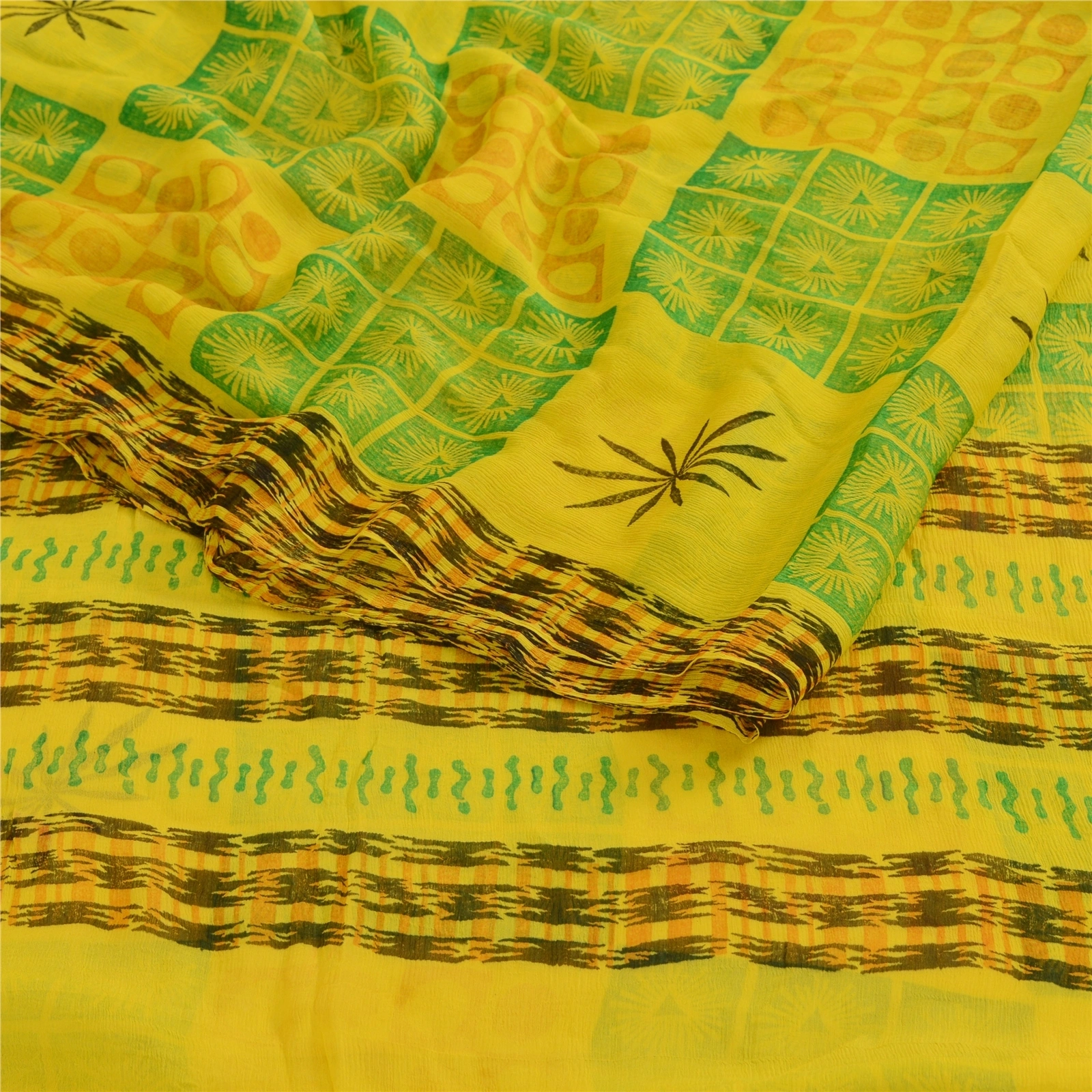 Sanskriti Vintage Lemon Green Pure Chiffon Silk Sarees Printed Sari Craft Fabric, PRG-10696-Lemon Green-Printed Floral Design-Pure Chiffon Silk-9