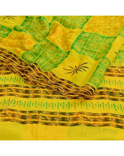 Sanskriti Vintage Lemon Green Pure Chiffon Silk Sarees Printed Sari Craft Fabric, PRG-10696-Lemon Green-Printed Floral Design-Pure Chiffon Silk-9