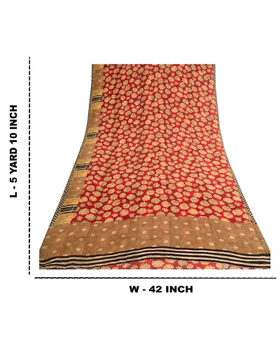 Sanskriti Vintage Red Pure Georgette Silk Sarees Printed Sari 5Yd Craft Fabric, PRG-10715-Red-Printed Floral Design-Pure Georgette Silk-3