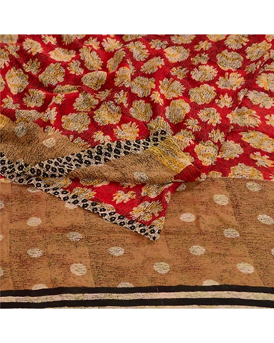 Sanskriti Vintage Red Pure Georgette Silk Sarees Printed Sari 5Yd Craft Fabric, PRG-10715-Red-Printed Floral Design-Pure Georgette Silk-7