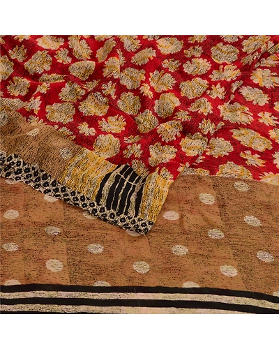 Sanskriti Vintage Red Pure Georgette Silk Sarees Printed Sari 5Yd Craft Fabric, PRG-10715-Red-Printed Floral Design-Pure Georgette Silk-9