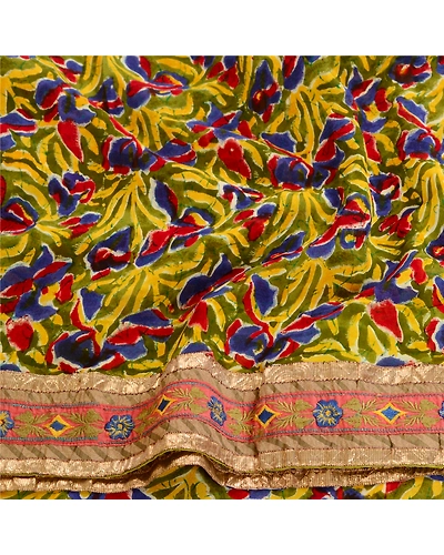 Sanskriti Vintage Green Blend Georgette Sarees Print Lace Patch Sari 5Yd Fabric, PRG-10722-Green-Printed Floral Design-Blend Georgette-6