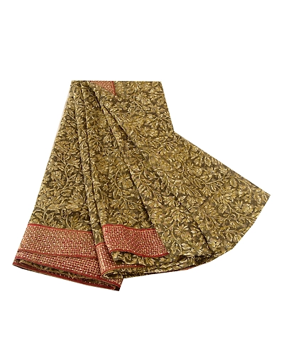 Sanskriti Vintage Green Hand Beaded Pure Georgette Silk Sarees Print Sari Fabric, PRG-10728-Green-Printed Floral Design-Pure Georgette Silk-2