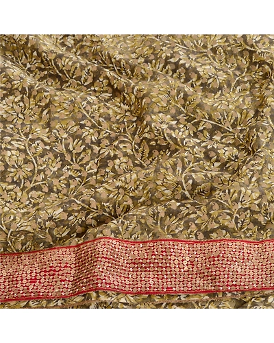Sanskriti Vintage Green Hand Beaded Pure Georgette Silk Sarees Print Sari Fabric, PRG-10728-Green-Printed Floral Design-Pure Georgette Silk-6