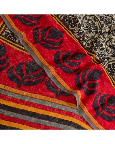 Sanskriti Vintage Black Pure Georgette Silk Sarees Print Sari Soft Craft Fabric, PRG-10729-Black-Printed Floral Design-Pure Georgette Silk-1