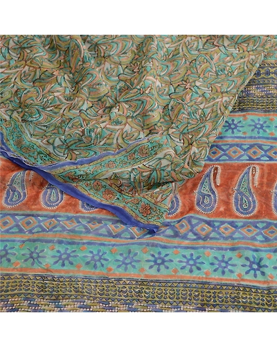 Sanskriti Vintage Green Blend Georgette Sarees Printed Sari Soft Craft Fabric, PRG-10730-Green-Printed Floral Design-Blend Georgette-7
