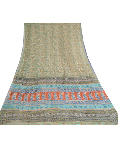 Sanskriti Vintage Green Blend Georgette Sarees Printed Sari Soft Craft Fabric, PRG-10730-Green-Printed Floral Design-Blend Georgette-8