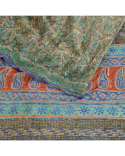 Sanskriti Vintage Green Blend Georgette Sarees Printed Sari Soft Craft Fabric, PRG-10730-Green-Printed Floral Design-Blend Georgette-9
