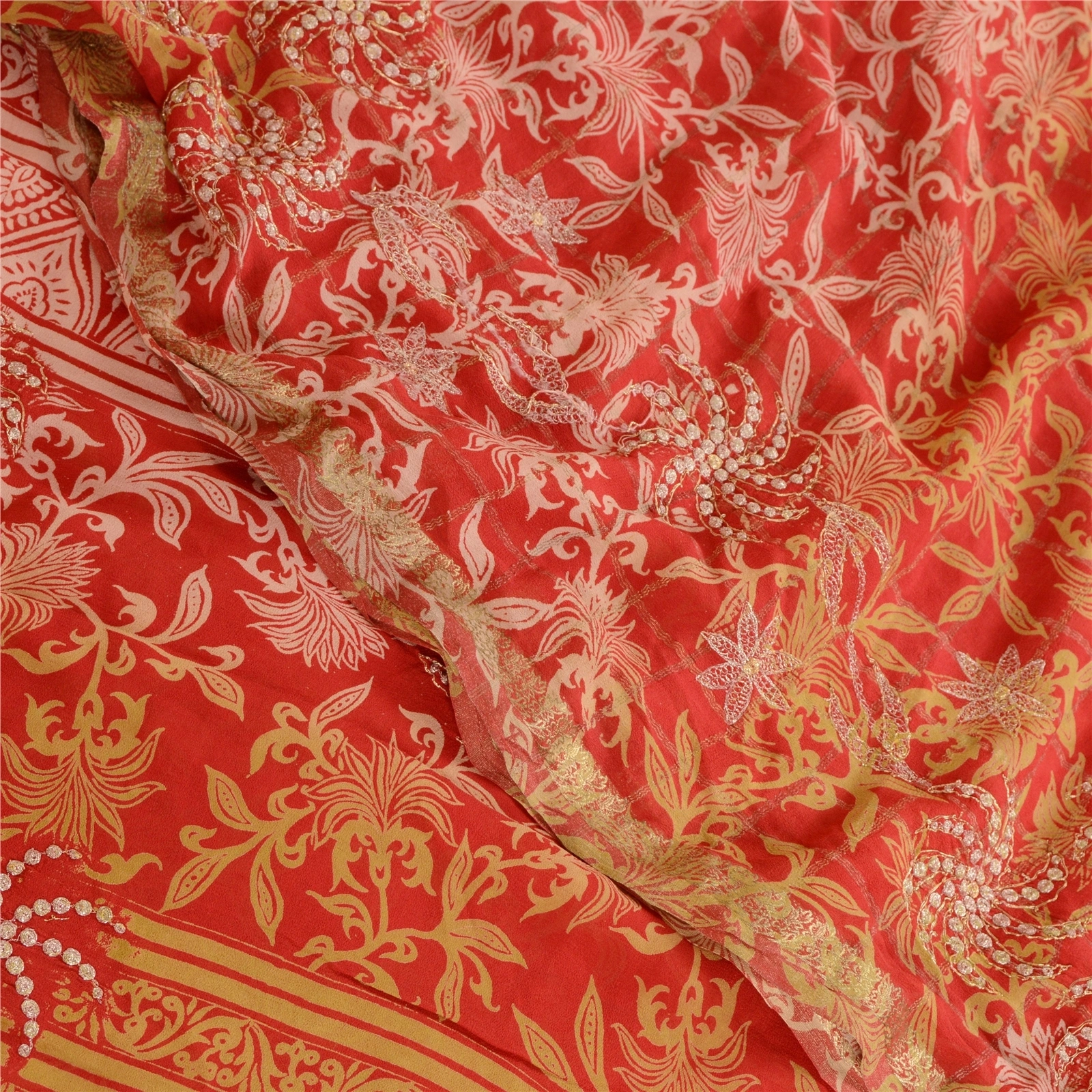 Sanskriti Vintage Embroidery Zari Pure Georgette Silk Sarees Print Sari Fabric, PRG-10736-Red-Printed Floral Design-Pure Georgette Silk-1