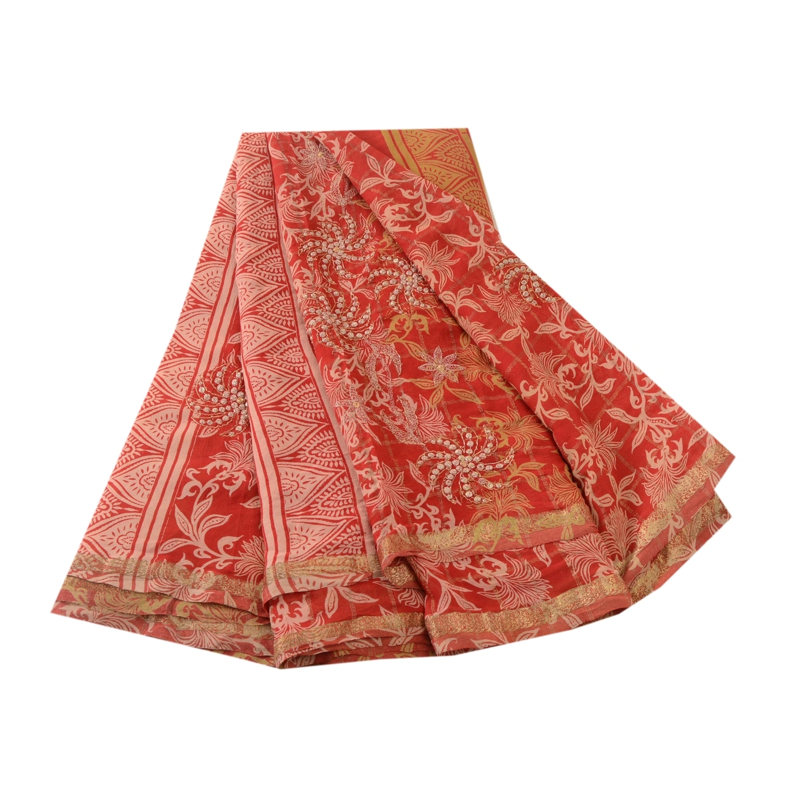 Sanskriti Vintage Embroidery Zari Pure Georgette Silk Sarees Print Sari Fabric, PRG-10736-Red-Printed Floral Design-Pure Georgette Silk-2