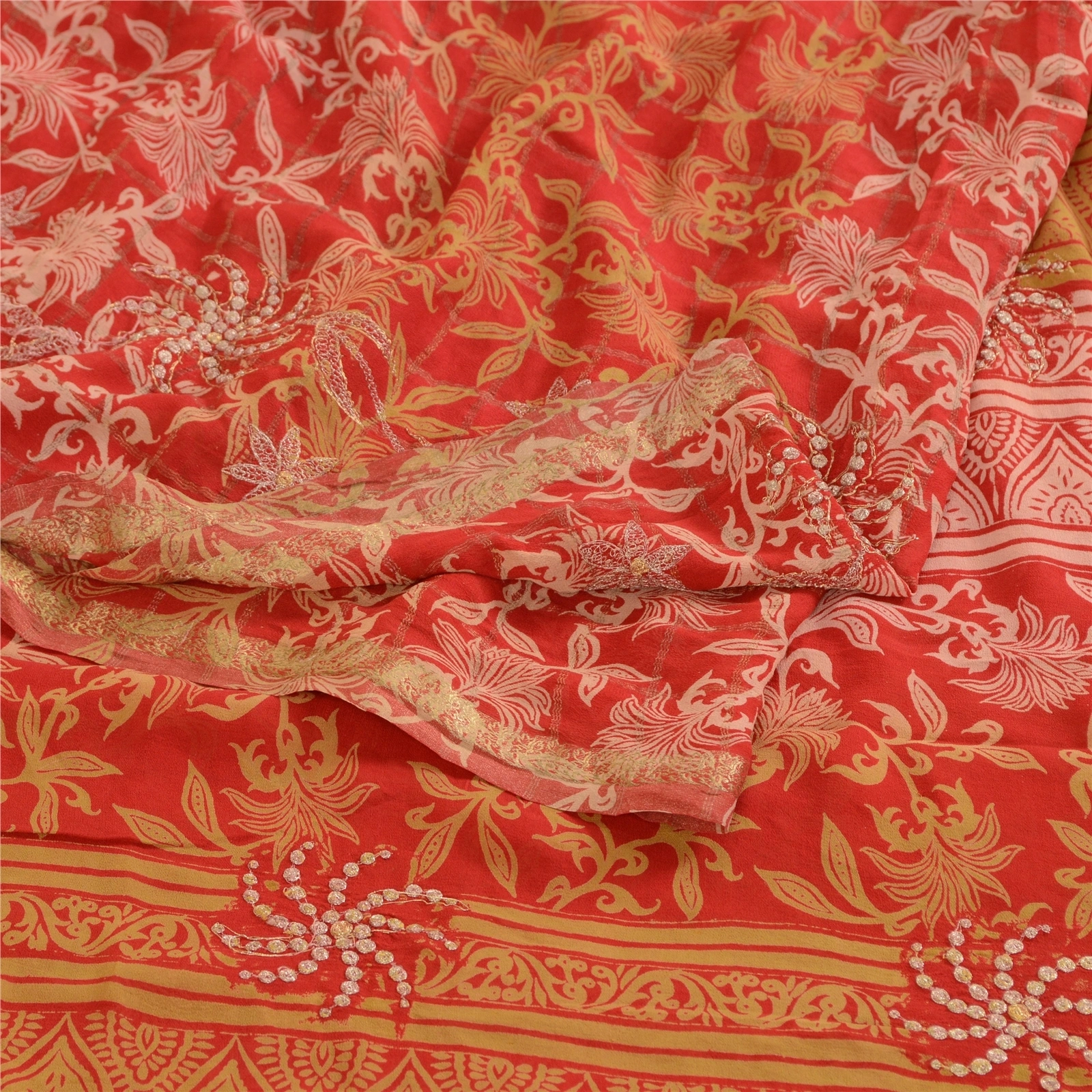 Sanskriti Vintage Embroidery Zari Pure Georgette Silk Sarees Print Sari Fabric, PRG-10736-Red-Printed Floral Design-Pure Georgette Silk-7