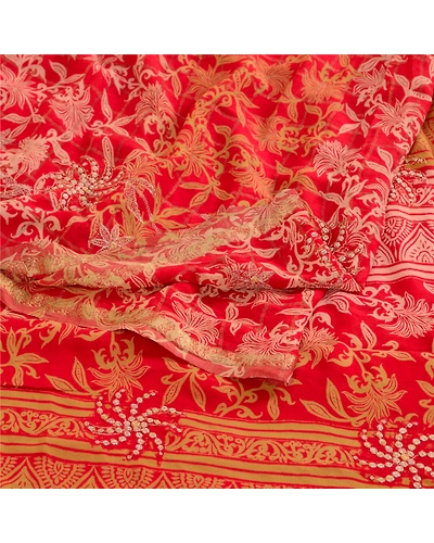 Sanskriti Vintage Embroidery Zari Pure Georgette Silk Sarees Print Sari Fabric, PRG-10736-Red-Printed Floral Design-Pure Georgette Silk-7