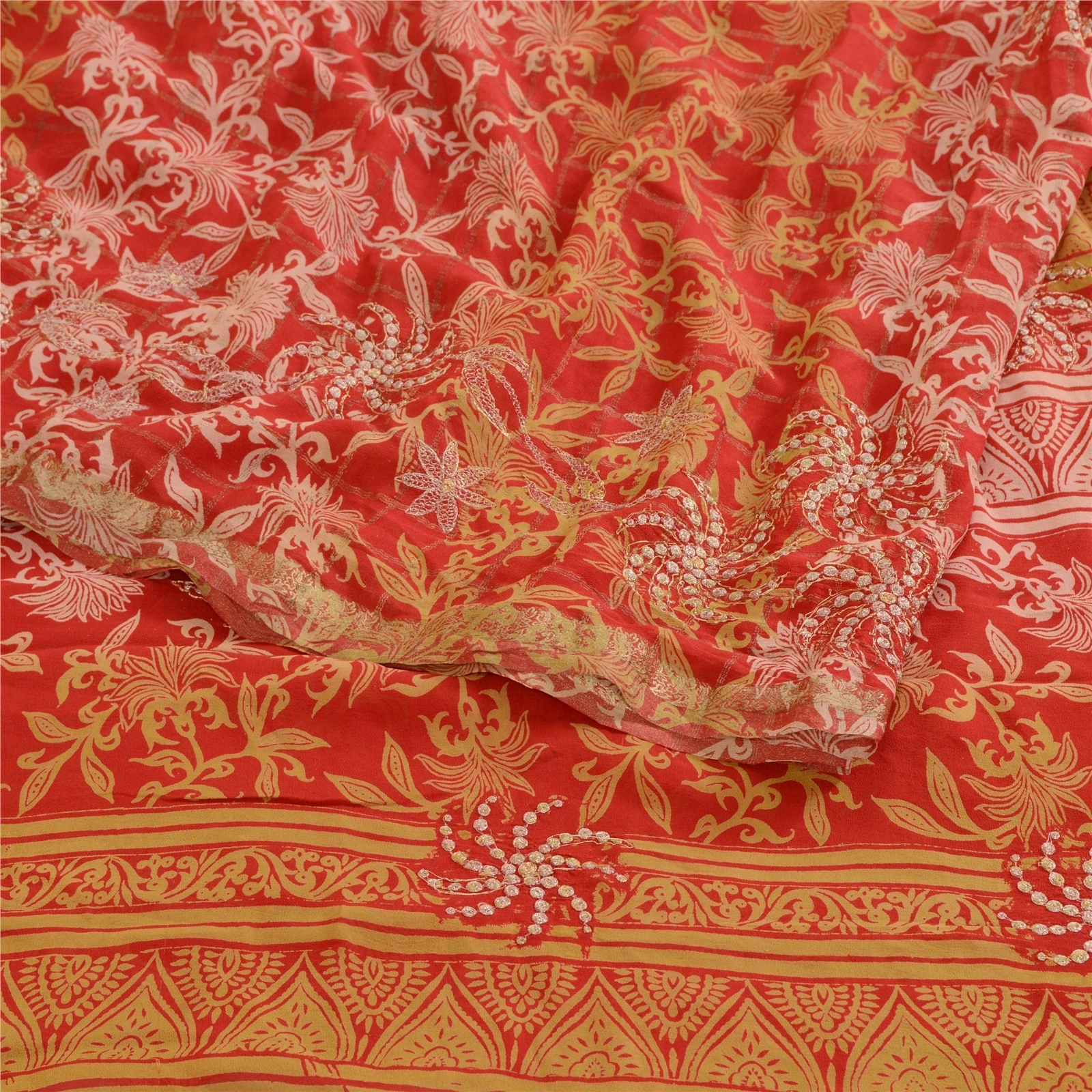 Sanskriti Vintage Embroidery Zari Pure Georgette Silk Sarees Print Sari Fabric, PRG-10736-Red-Printed Floral Design-Pure Georgette Silk-9