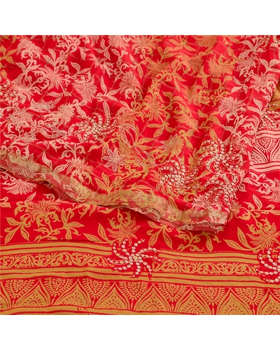 Sanskriti Vintage Embroidery Zari Pure Georgette Silk Sarees Print Sari Fabric, PRG-10736-Red-Printed Floral Design-Pure Georgette Silk-9