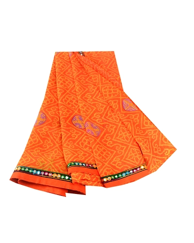 Sanskriti Vintage Saffron Georgette Sarees Printed Sari 5Yd Soft Craft Fabric, PRG-10742-Saffron-Printed Floral Design-Poly Georgette-2