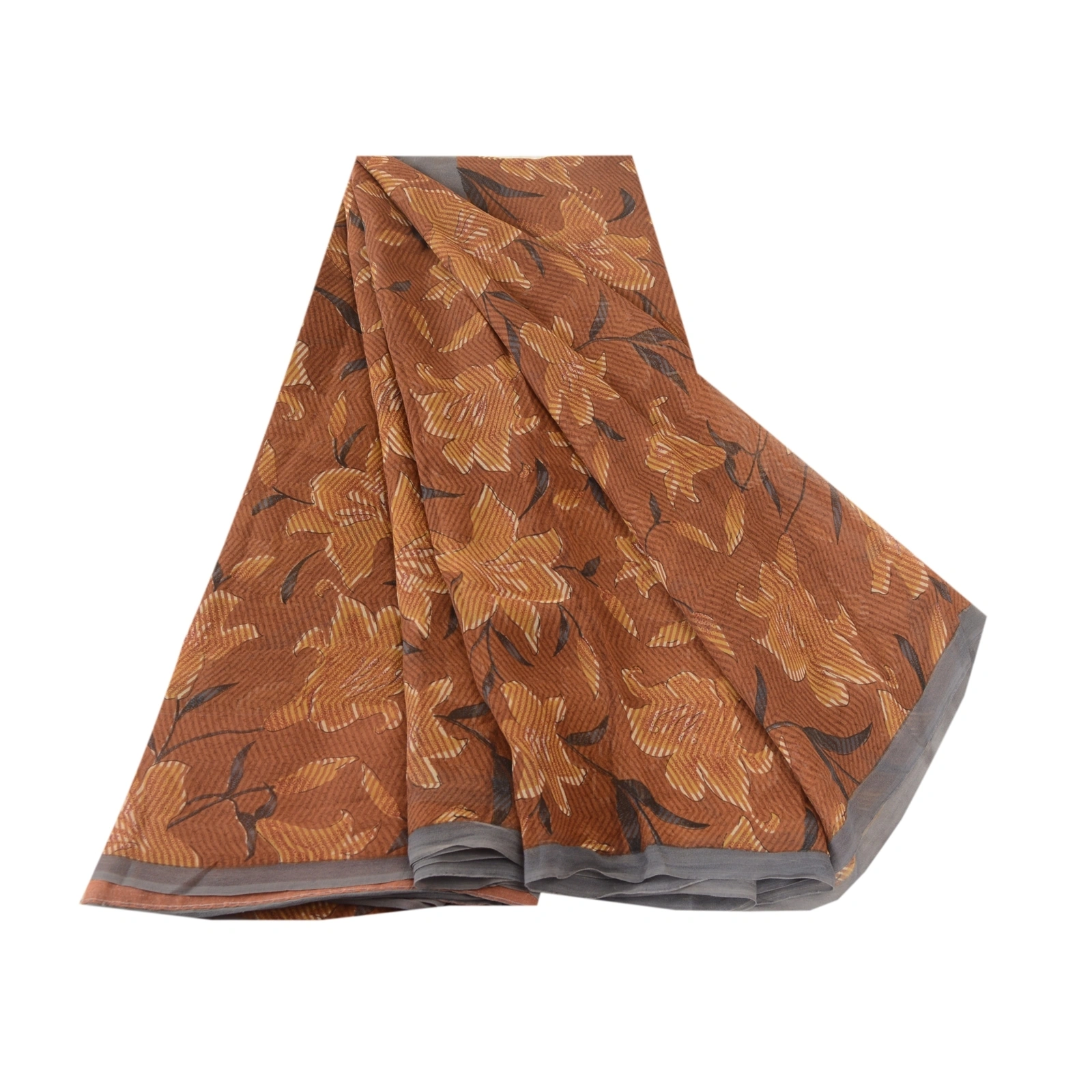 Sanskriti Vintage Brown Sarees Printed Pure Georgette Silk Sari 5Yd Craft Fabric, PRG-10749-Brown-Printed Floral Design-Pure Georgette Silk-2