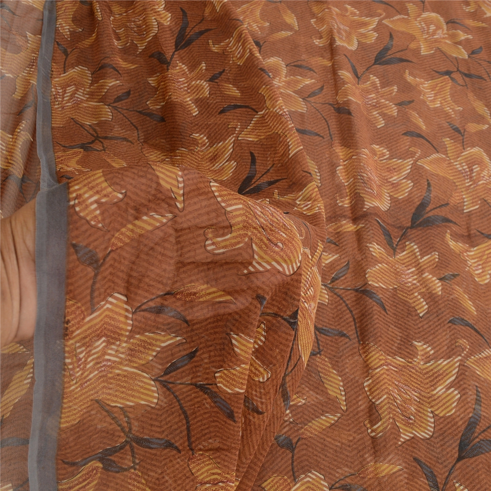 Sanskriti Vintage Brown Sarees Printed Pure Georgette Silk Sari 5Yd Craft Fabric, PRG-10749-Brown-Printed Floral Design-Pure Georgette Silk-4