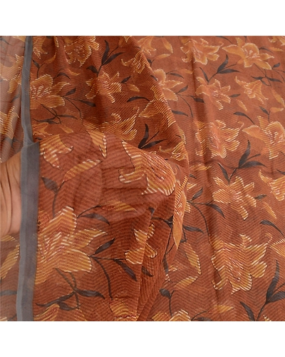 Sanskriti Vintage Brown Sarees Printed Pure Georgette Silk Sari 5Yd Craft Fabric, PRG-10749-Brown-Printed Floral Design-Pure Georgette Silk-4