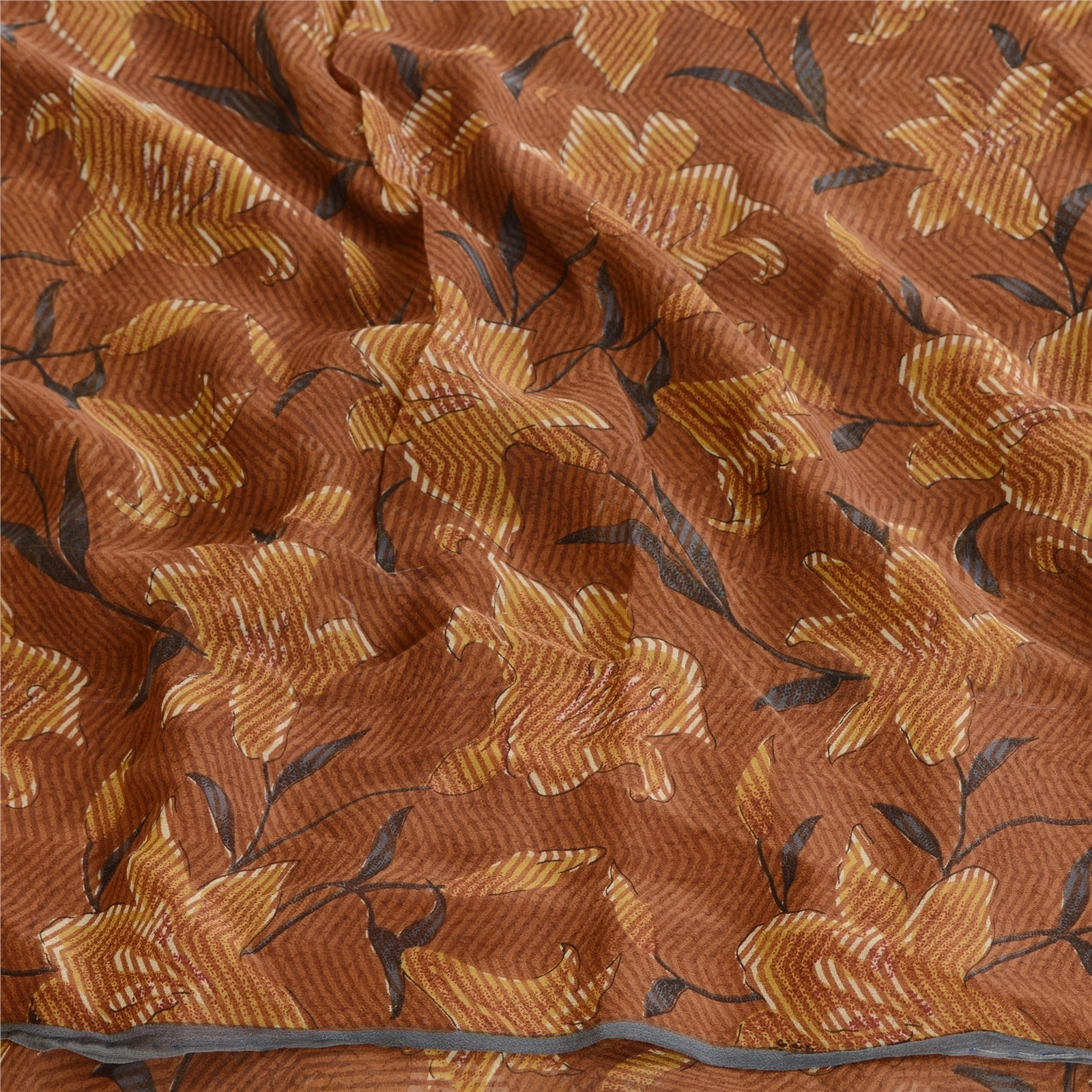 Sanskriti Vintage Brown Sarees Printed Pure Georgette Silk Sari 5Yd Craft Fabric, PRG-10749-Brown-Printed Floral Design-Pure Georgette Silk-6