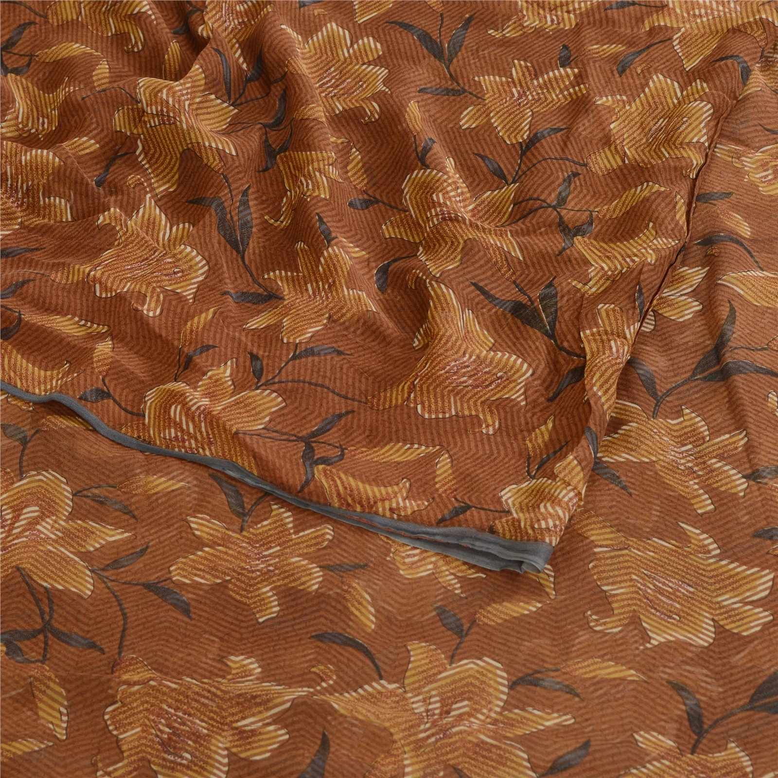 Sanskriti Vintage Brown Sarees Printed Pure Georgette Silk Sari 5Yd Craft Fabric, PRG-10749-Brown-Printed Floral Design-Pure Georgette Silk-9