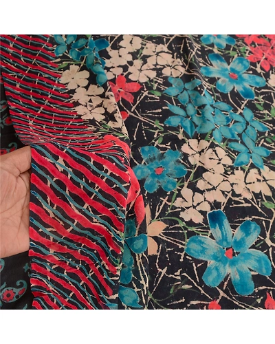 Sanskriti Vintage Black Sarees Printed Pure Georgette Silk Sari 5Yd Craft Fabric, PRG-10752-Black-Printed Floral Design-Pure Georgette Silk-4