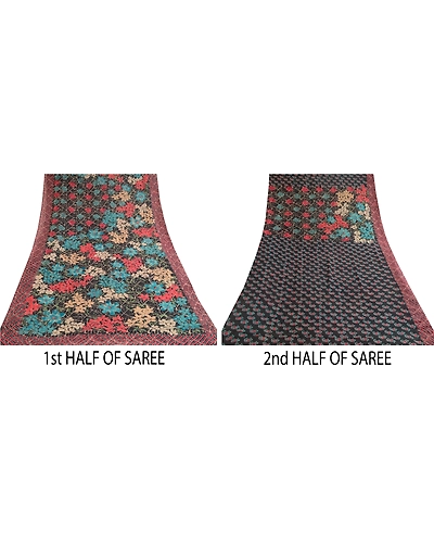 Sanskriti Vintage Black Sarees Printed Pure Georgette Silk Sari 5Yd Craft Fabric, PRG-10752-Black-Printed Floral Design-Pure Georgette Silk-5