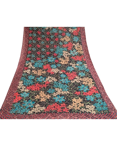 Sanskriti Vintage Black Sarees Printed Pure Georgette Silk Sari 5Yd Craft Fabric, PRG-10752-Black-Printed Floral Design-Pure Georgette Silk-8