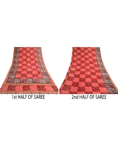 Sanskriti Vintage Red Sarees Printed Pure Georgette Silk Sari 5Yd Sewing Fabric, PRG-10756-Red-Printed Floral Design-Pure Georgette Silk-5