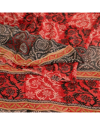 Sanskriti Vintage Red Sarees Printed Pure Georgette Silk Sari 5Yd Sewing Fabric, PRG-10756-Red-Printed Floral Design-Pure Georgette Silk-7