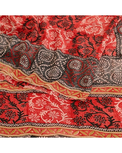 Sanskriti Vintage Red Sarees Printed Pure Georgette Silk Sari 5Yd Sewing Fabric, PRG-10756-Red-Printed Floral Design-Pure Georgette Silk-9