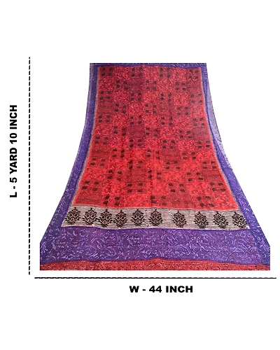 Sanskriti Vintage Red Sarees Printed Pure Georgette Silk Sari Soft Sewing Fabric, PRG-10760-Purple-Printed Floral Design-Pure Georgette Silk-3