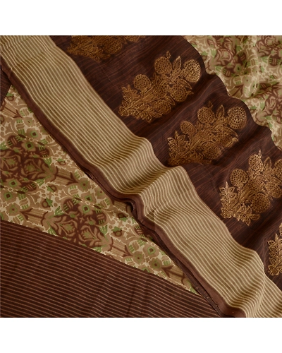 Sanskriti Vintage Brown Sarees Printed Pure Georgette Silk Sari Sewing Fabric, PRG-10761-Brown-Printed Floral Design-Pure Georgette Silk-1