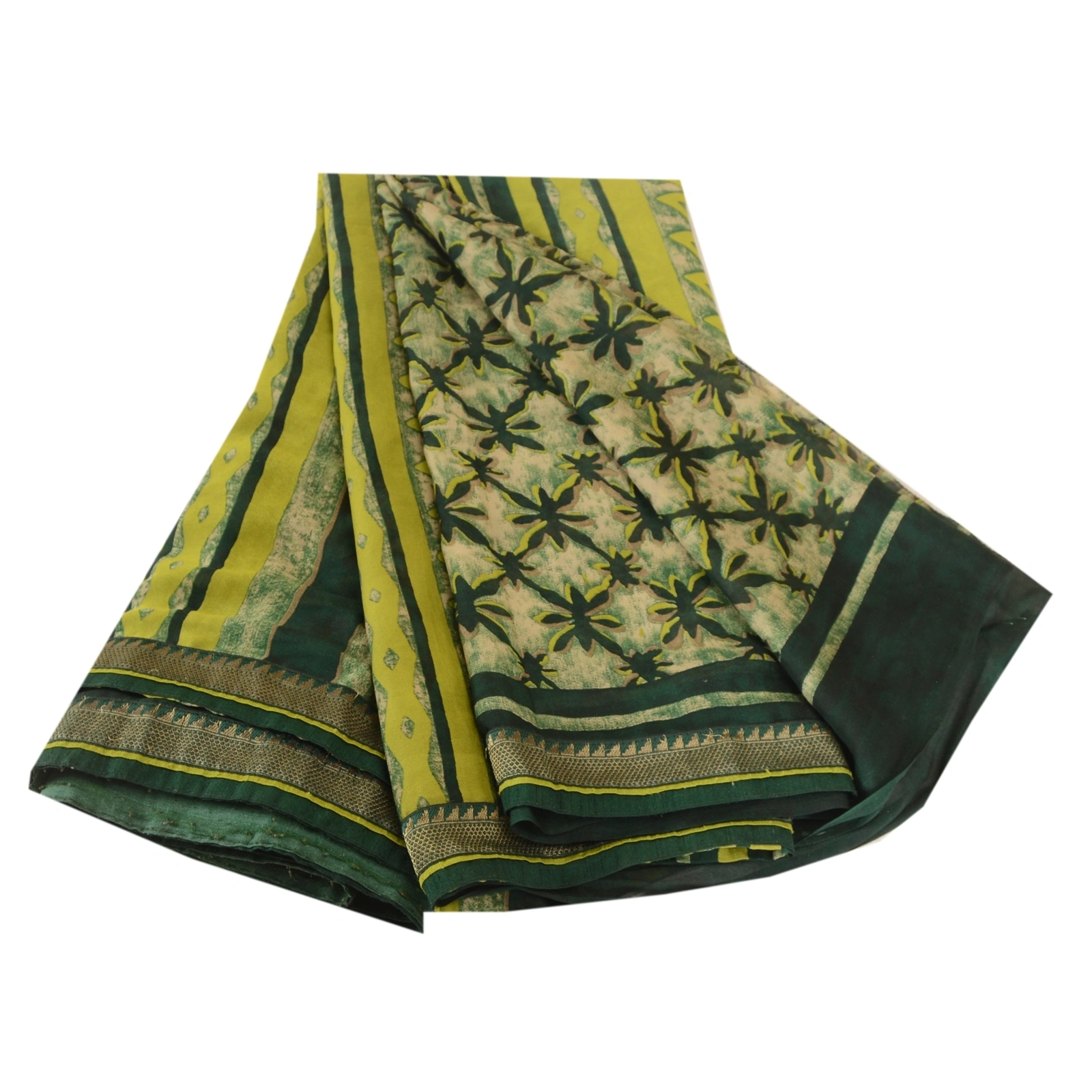 Sanskriti Vintage Green Indian Printed Sarees Georgette Sari 5Yd Sewing Fabric, PRG-10762-Green-Printed Floral Design-Poly Georgette-2