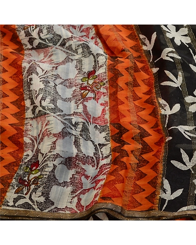 Sanskriti Vintage Black Print Sarees 100% Pure Georgette Silk Sari Craft Fabric, PRG-10781-Black-Printed Floral Design-Pure Georgette Silk-6