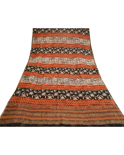 Sanskriti Vintage Black Print Sarees 100% Pure Georgette Silk Sari Craft Fabric, PRG-10781-Black-Printed Floral Design-Pure Georgette Silk-8