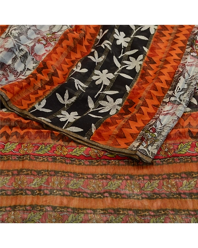 Sanskriti Vintage Black Print Sarees 100% Pure Georgette Silk Sari Craft Fabric, PRG-10781-Black-Printed Floral Design-Pure Georgette Silk-9