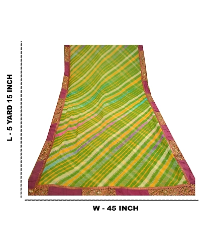 Sanskriti Vintage Green Leheria Print Sarees Pure Georgette Silk Sari 5Yd Fabric, PRG-10782-Green-Printed Floral Design-Pure Georgette Silk-4