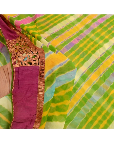 Sanskriti Vintage Green Leheria Print Sarees Pure Georgette Silk Sari 5Yd Fabric, PRG-10782-Green-Printed Floral Design-Pure Georgette Silk-5