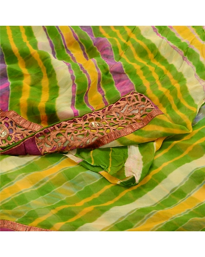 Sanskriti Vintage Green Leheria Print Sarees Pure Georgette Silk Sari 5Yd Fabric, PRG-10782-Green-Printed Floral Design-Pure Georgette Silk-8
