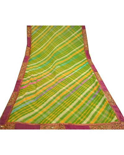 Sanskriti Vintage Green Leheria Print Sarees Pure Georgette Silk Sari 5Yd Fabric, PRG-10782-Green-Printed Floral Design-Pure Georgette Silk-9