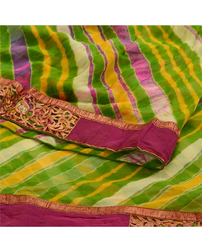 Sanskriti Vintage Green Leheria Print Sarees Pure Georgette Silk Sari 5Yd Fabric, PRG-10782-Green-Printed Floral Design-Pure Georgette Silk-10