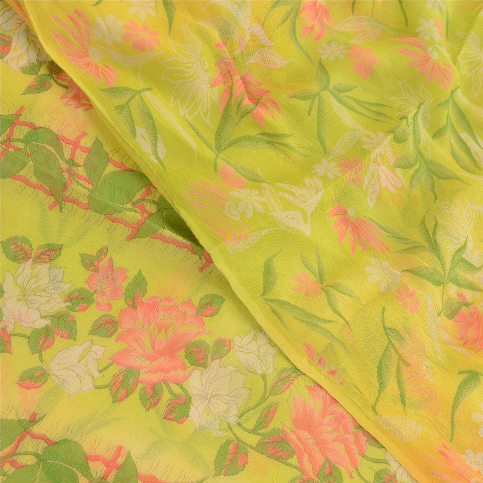 Sanskriti Vintage Lemon Printed Sarees Pure Chiffon Silk Sari 5Yd Craft Fabric, PRG-10787-Lemon Green-Printed Floral Design-Pure Chiffon Silk-1