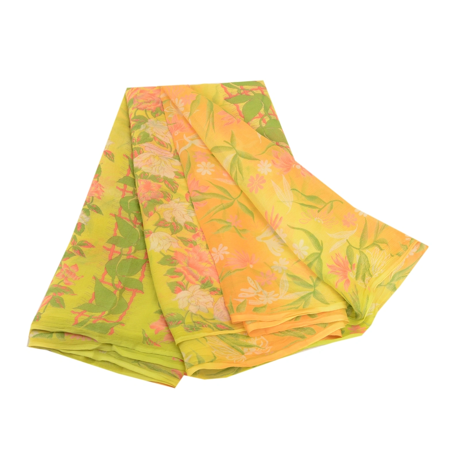 Sanskriti Vintage Lemon Printed Sarees Pure Chiffon Silk Sari 5Yd Craft Fabric, PRG-10787-Lemon Green-Printed Floral Design-Pure Chiffon Silk-2