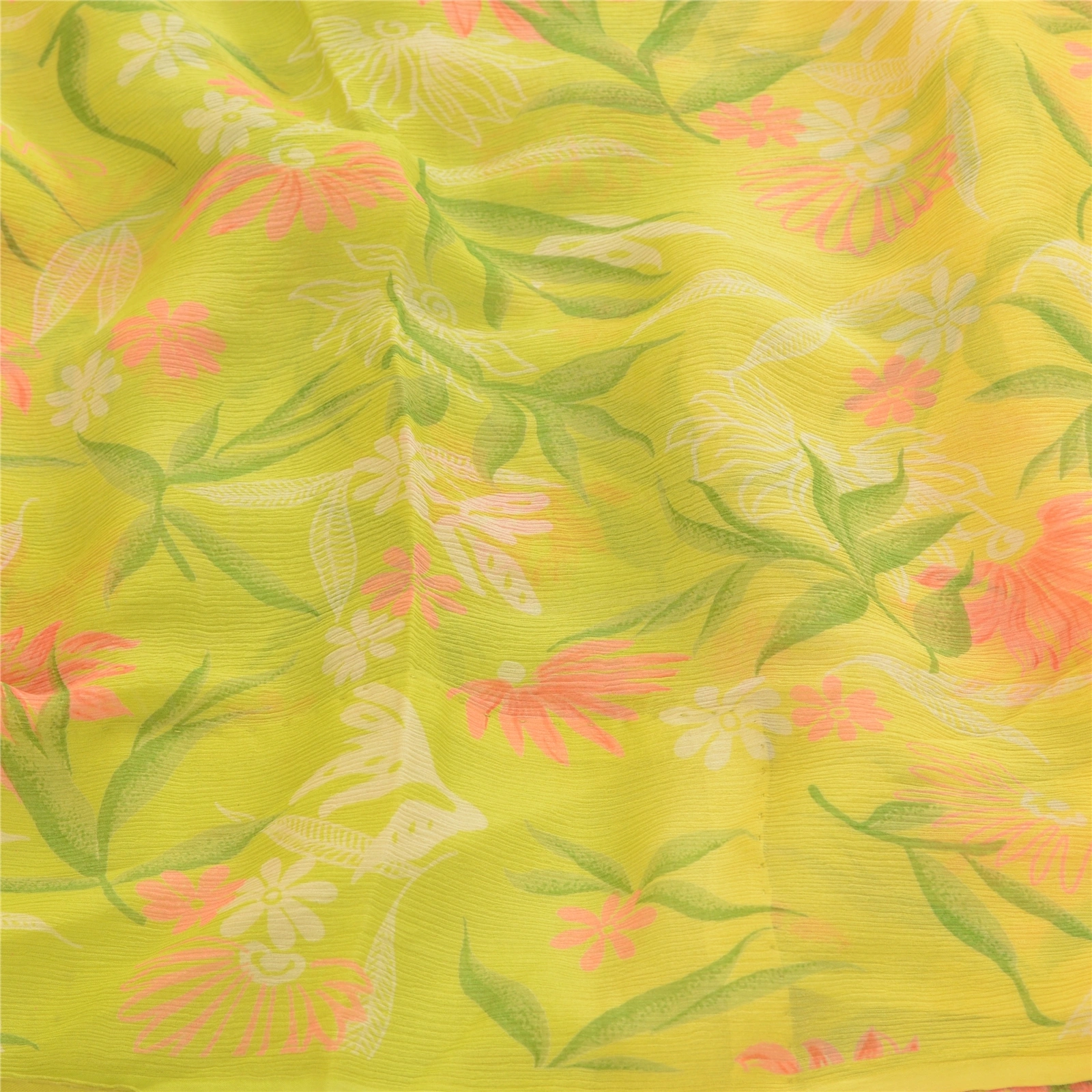 Sanskriti Vintage Lemon Printed Sarees Pure Chiffon Silk Sari 5Yd Craft Fabric, PRG-10787-Lemon Green-Printed Floral Design-Pure Chiffon Silk-6