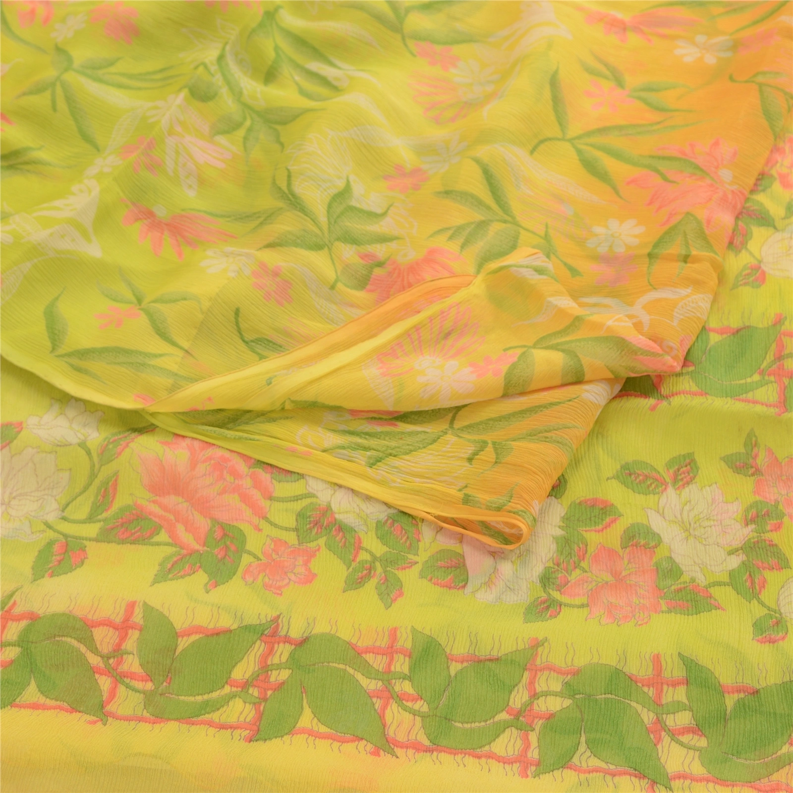 Sanskriti Vintage Lemon Printed Sarees Pure Chiffon Silk Sari 5Yd Craft Fabric, PRG-10787-Lemon Green-Printed Floral Design-Pure Chiffon Silk-7