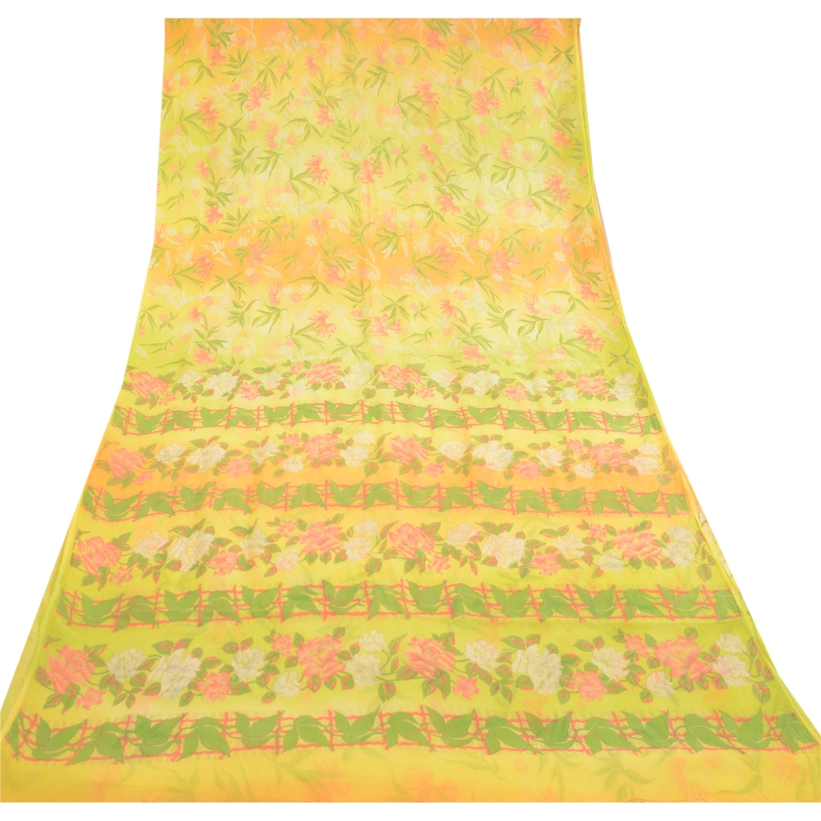 Sanskriti Vintage Lemon Printed Sarees Pure Chiffon Silk Sari 5Yd Craft Fabric, PRG-10787-Lemon Green-Printed Floral Design-Pure Chiffon Silk-8