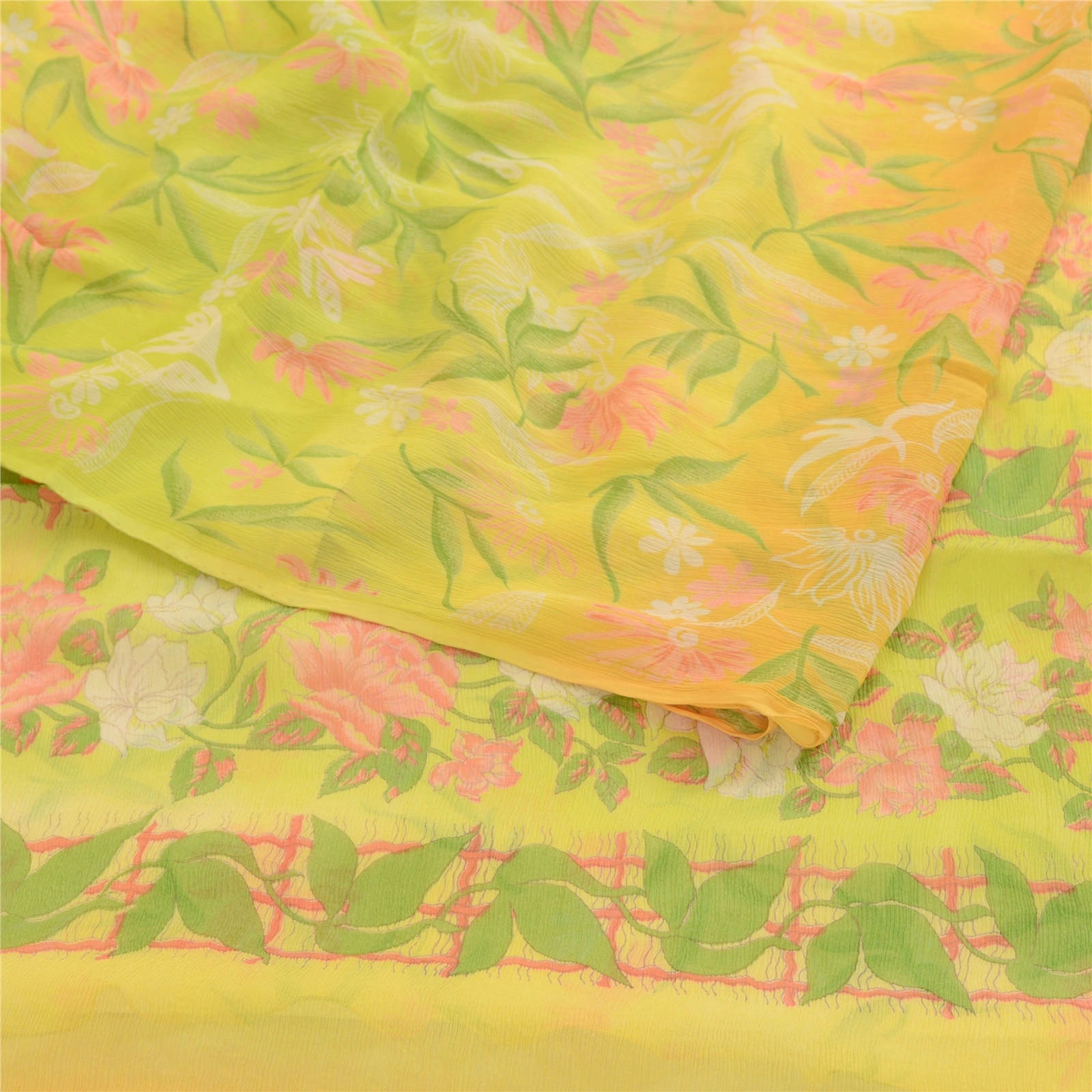 Sanskriti Vintage Lemon Printed Sarees Pure Chiffon Silk Sari 5Yd Craft Fabric, PRG-10787-Lemon Green-Printed Floral Design-Pure Chiffon Silk-9