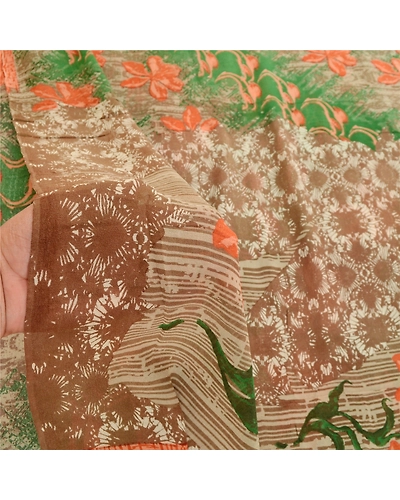 Sanskriti Vintage Green Printed Sarees Pure Georgette Silk Sari 5Yd Craft Fabric, PRG-10789-Green-Printed Floral Design-Pure Georgette Silk-4