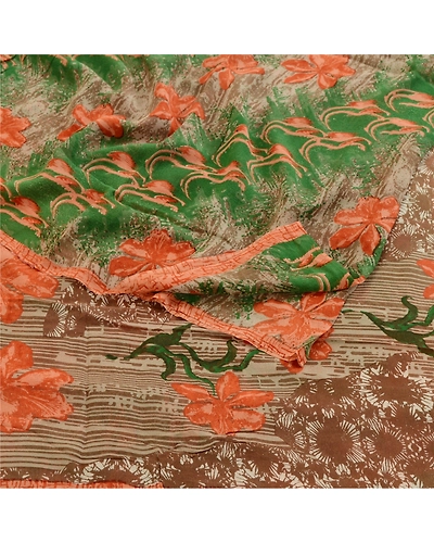 Sanskriti Vintage Green Printed Sarees Pure Georgette Silk Sari 5Yd Craft Fabric, PRG-10789-Green-Printed Floral Design-Pure Georgette Silk-7